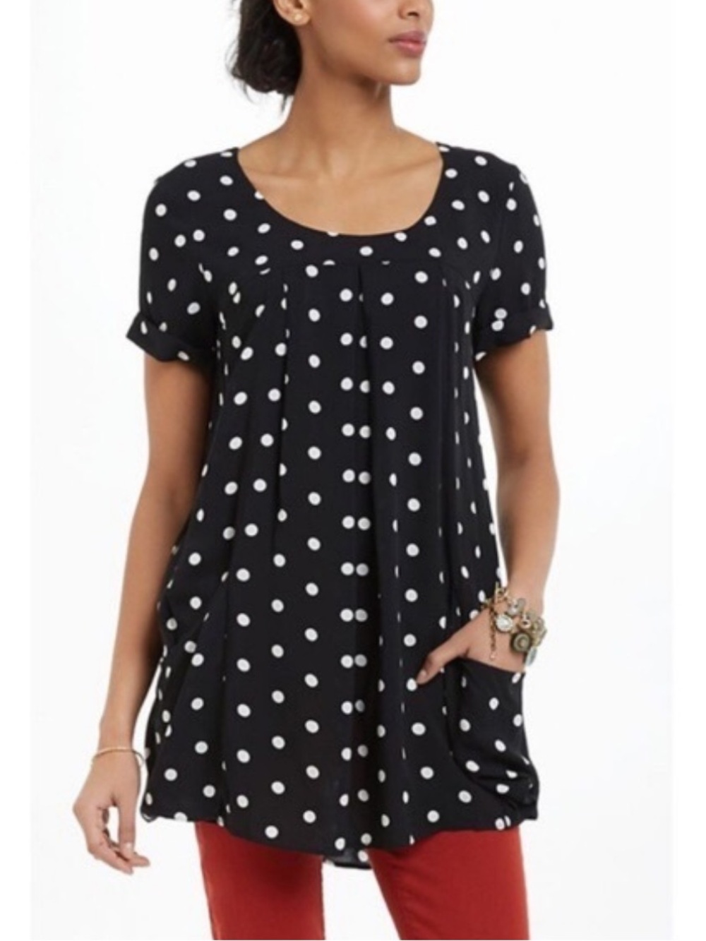 Anthropologie Black and White Polka Dot Short Sleeve Blouse